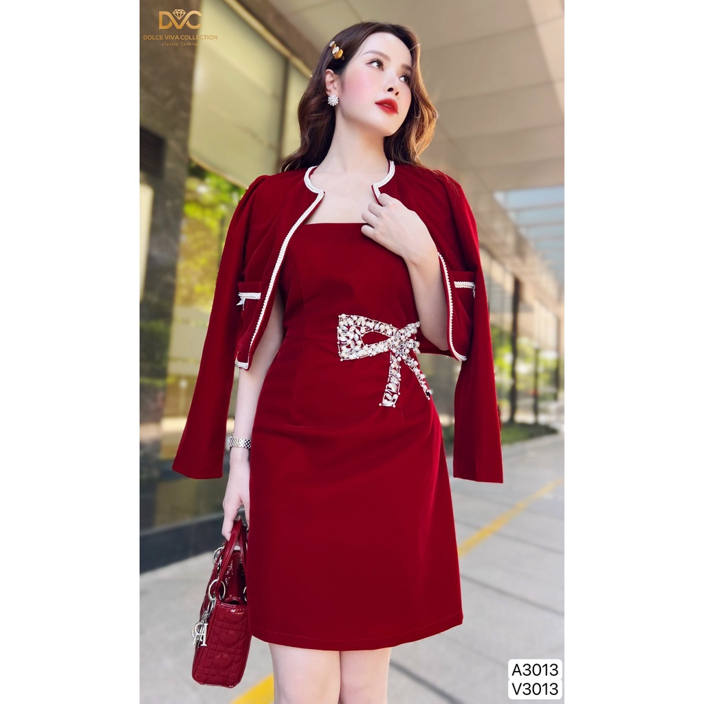 ÁO KHOÁC NHUNG ĐỎ VIỀN TRẮNG A3013-DVC