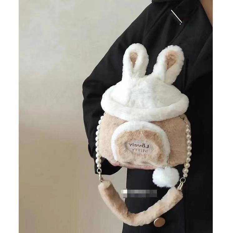 Túi Đeo Chéo Hình Thỏ Lông Xù Phối Nút Nam Châm Màu Macaron Dễ Thương Thời Trang Cho Bạn Gái
