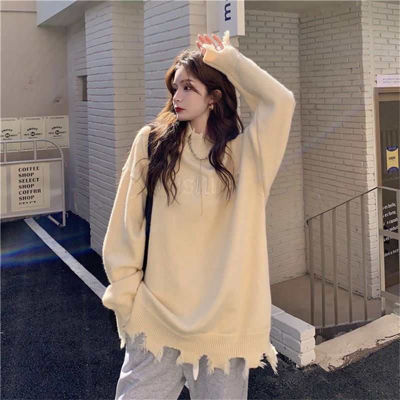 Jiashucheng Áo Sweater Cổ Lọ Dáng Rộng Thiết Kế Rách Phong Cách Mới Ngọt Ngào Cho Nữ