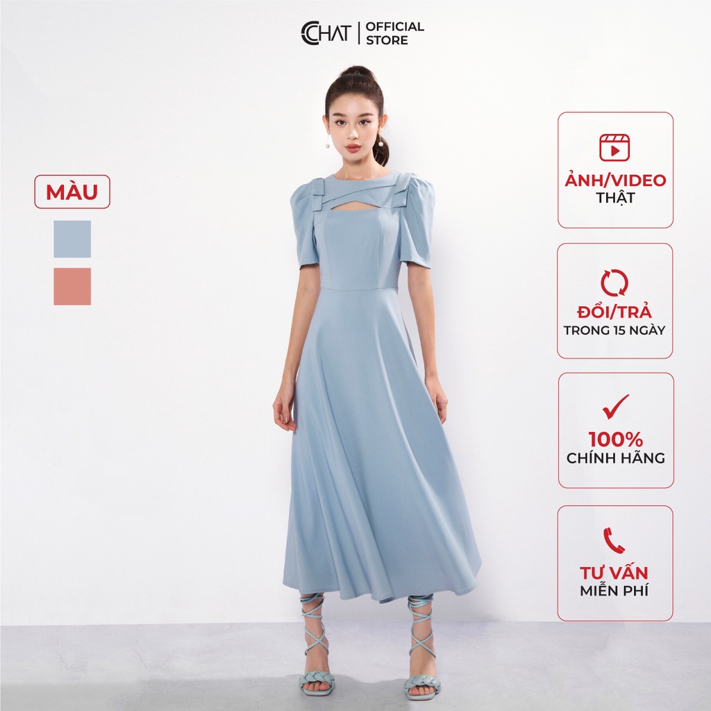 Đầm Nữ 𝐂𝐂𝐇𝐀𝐓 Kiểu Cutout Ngực 2 Nơ Vai Dáng Xòe Chất Mango Cao Cấp 22VNE2010XT