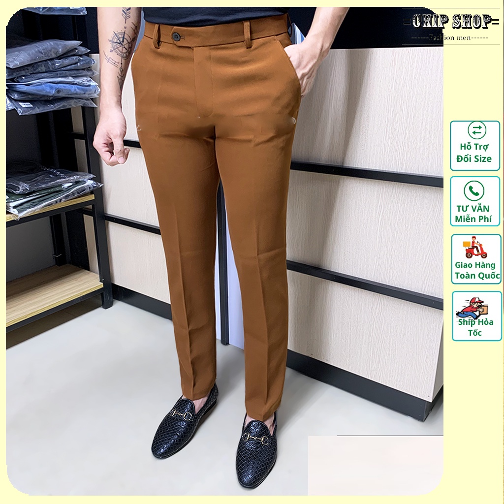 Quần tây nam màu vàng bò ống côn vải tuyết mưa co giãn form slim fit