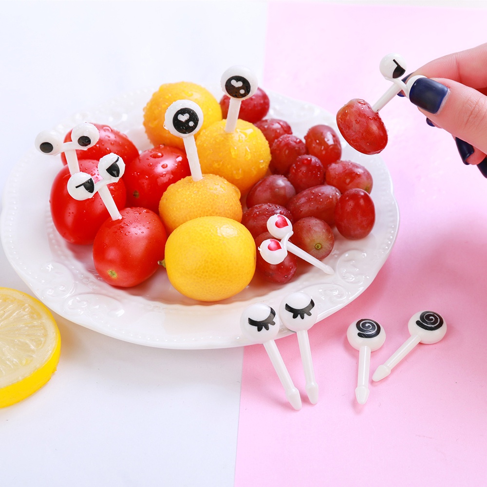 Set 10 Nĩa Ăn Trái Cây Hình Đôi Mắt Hoạt Hình Bằng Nhựa Có Thể Tái Sử Dụng