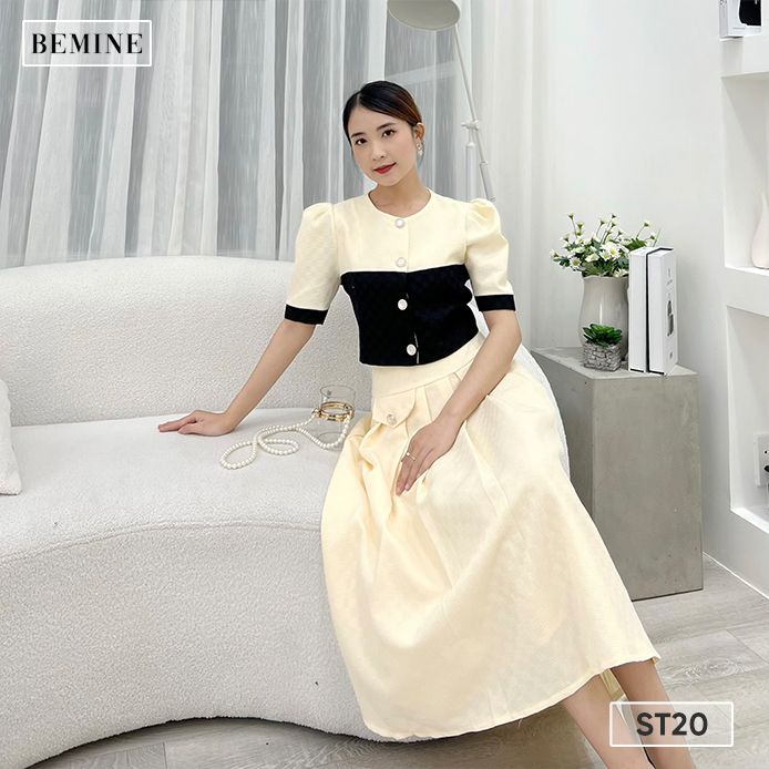 Set áo cổ tròn chân váy túi hộp BEMINE ST20