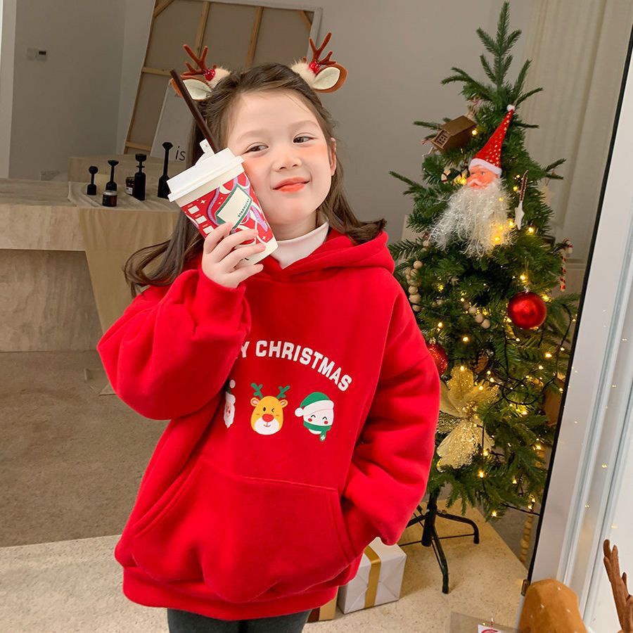 MNGRL Áo Hoodie Dày Một Mảnh Thời Trang Giáng Sinh Màu Đỏ Dày Dặn Dành Cho Bé Gái