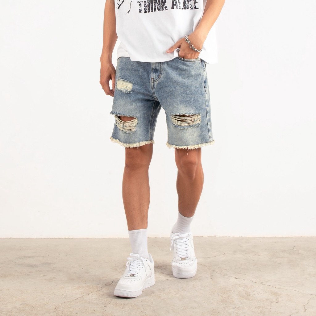 Quần short jean nam cao cấp FNOS SJ19 form ngắn, rách, ngang gối ống rộng 100% cotton