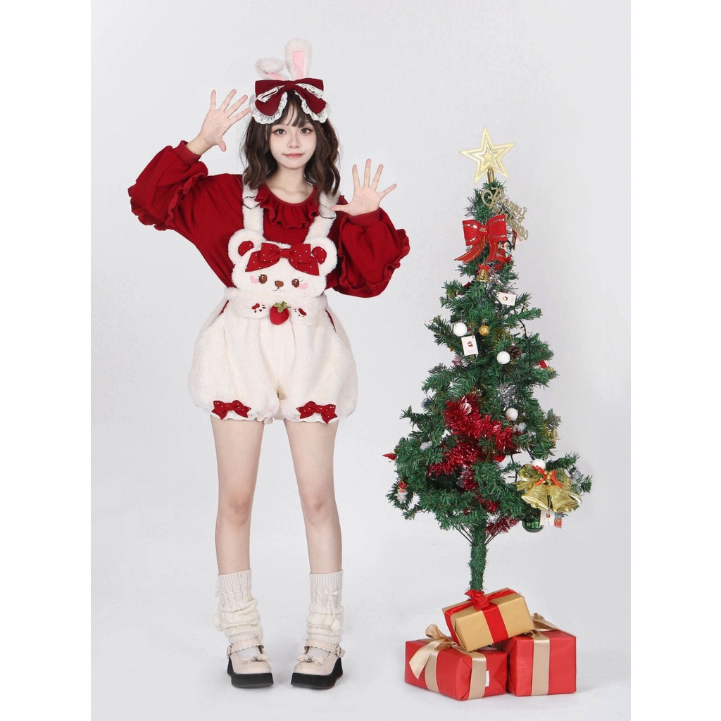 Set Áo Thun Dài Tay In Hình Dâu Tây + Quần Yếm Dễ Thương Cho Nữ