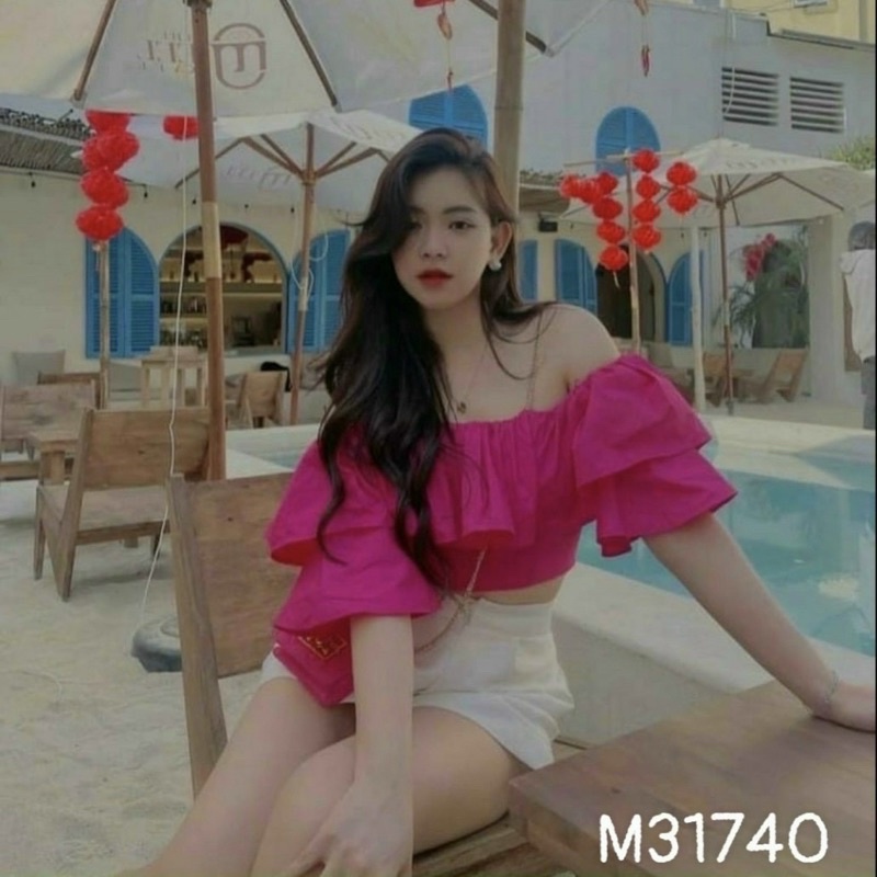 Áo trễ vai tay phồng bánh bèo tầng siêu xinh 2 lớp dày dặn