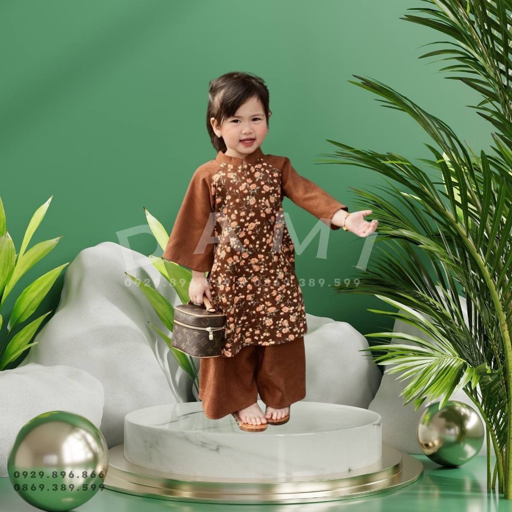 Áo dài đỏ hoa nhí chất liệu nhung tăm mặc Tết cho bé gái size 8-28kg