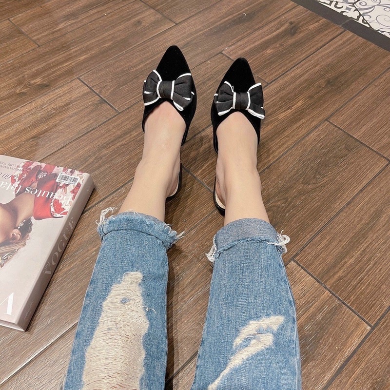 Bán Sỉ- Dép sục mũi nhọn da lộn nơ viền