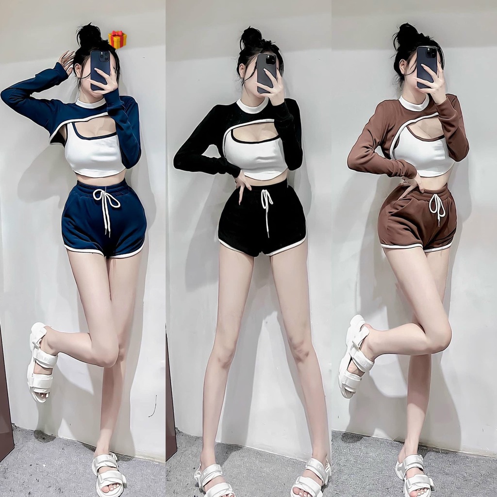 set 3 món cá tính thể thao năng động, hở ngực quần short chất gân