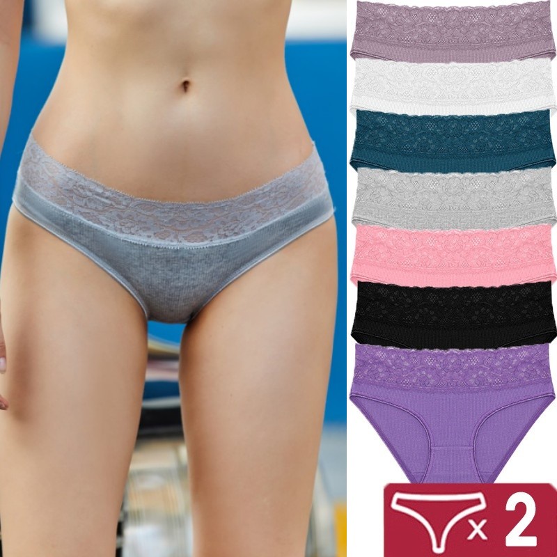 Set 2 Quần Lót Cotton Nữ Lưng Thấp Phối Ren Có 8 Màu