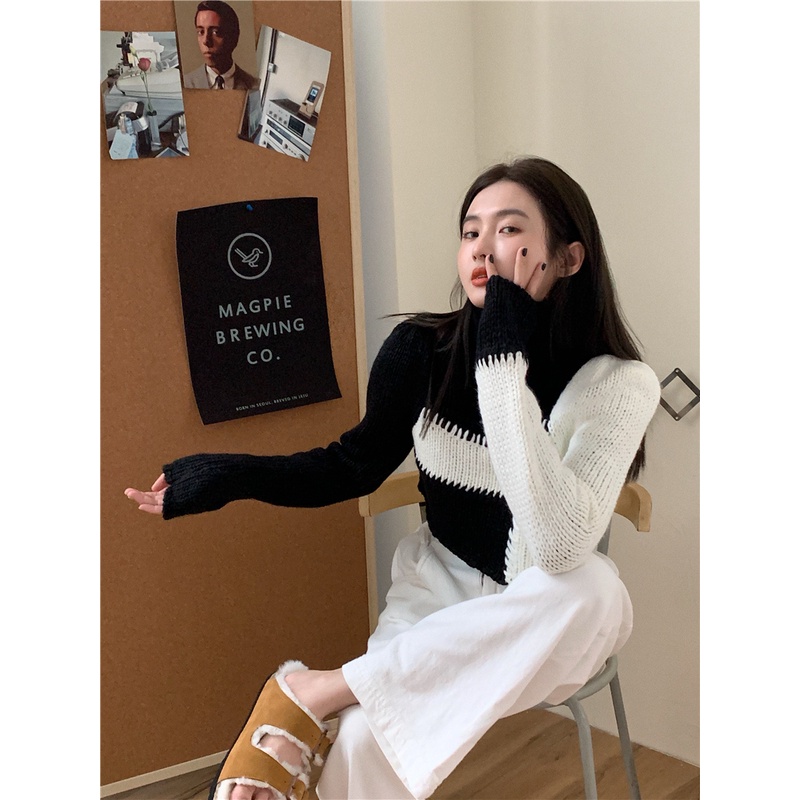 Áo croptop ZHELIHANGFEI dệt kim tay dài cổ vuông eo cao thiết kế quyến rũ cho nữ