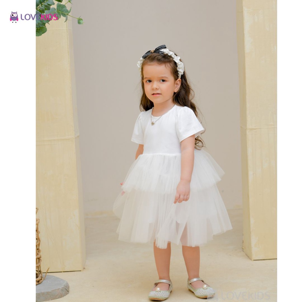 Đầm cho bé gái Lovekids, váy công chúa cho bé gái hai tầng cộc tay, màu trắng, hồng, công chúa, size từ 3 đến 12 tuổi