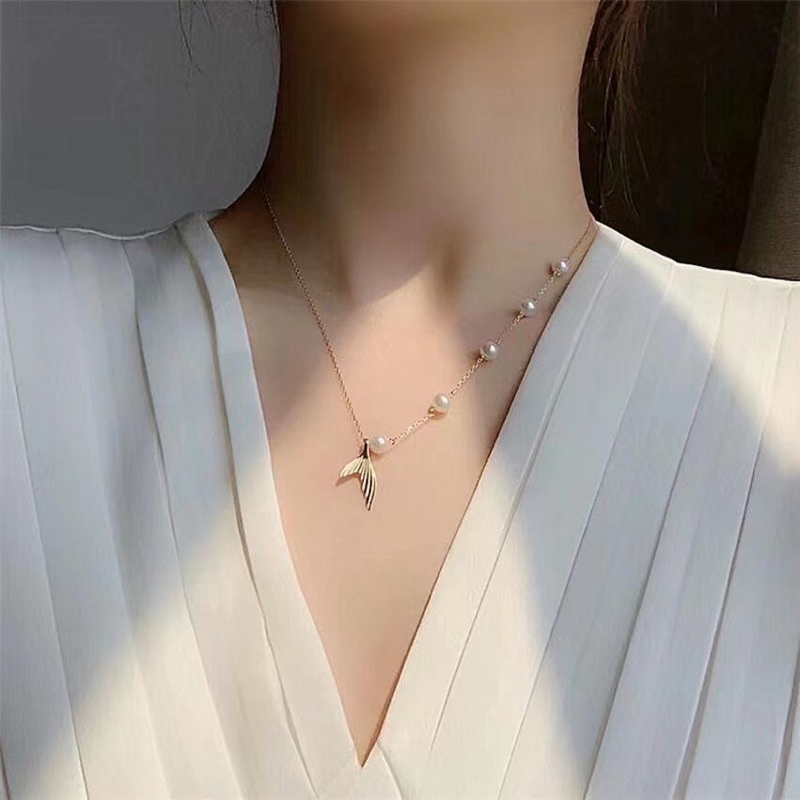 vòng cổ đuôi cá, dây chuyền đính châu phong cách hàn quốc