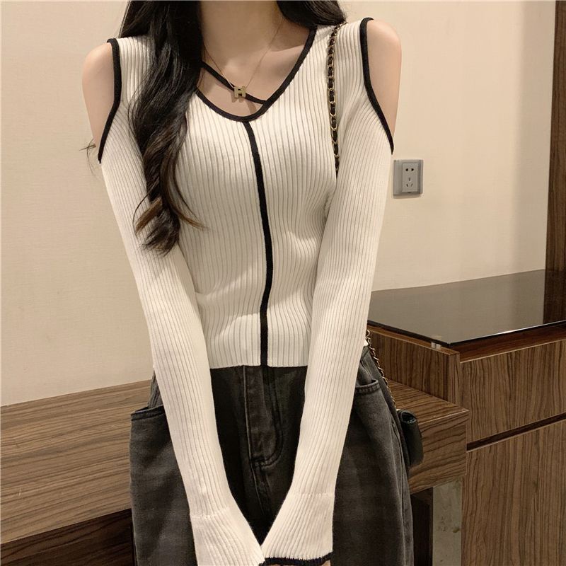 Áo Sweater Dệt Kim Tay Dài Cổ Chữ V Hở Vai Thời Trang Mùa Thu Cho Nữ