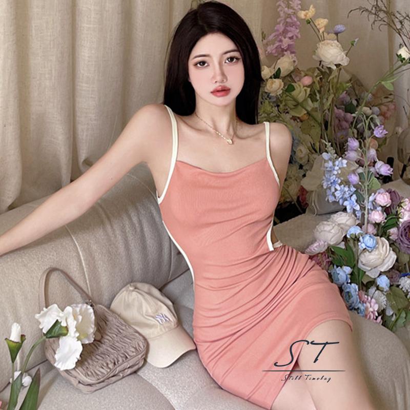 Đầm Hai Dây CY03-Female Phối Màu Tương Phản Thời Trang Mùa Hè Cho Nữ Màu Hồng / Đen