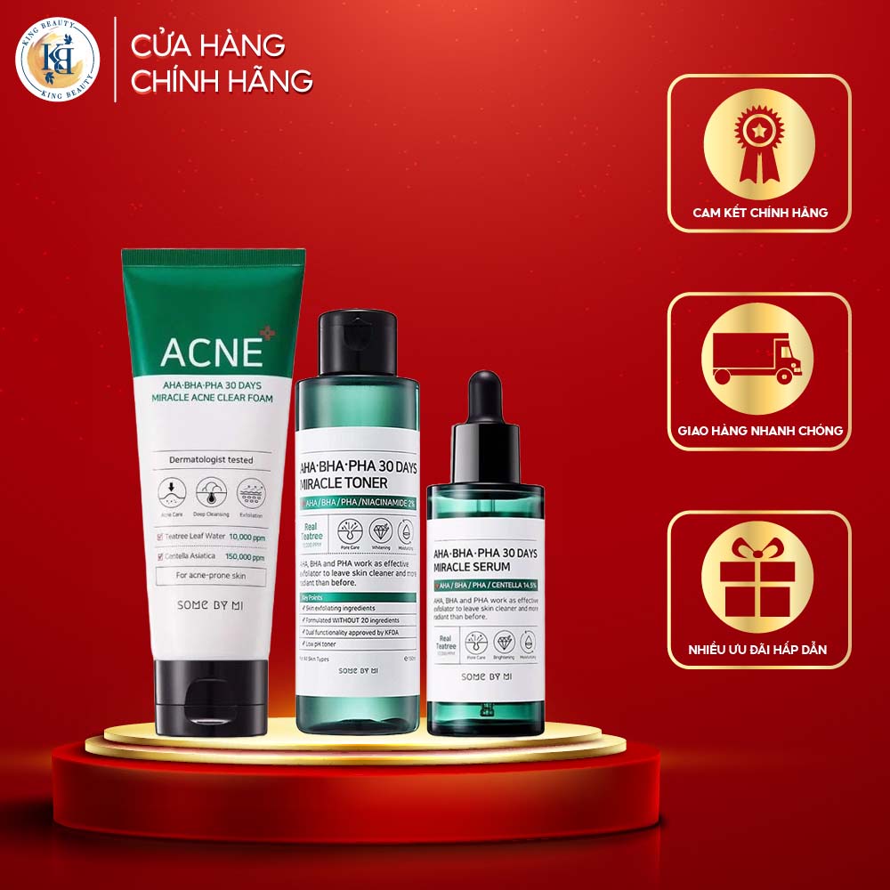 Combo Giảm Mụn, Làm Sạch Sâu Some By Mi AHA-BHA-PHA 30 Days Miracle (Sữa rửa mặt 100ml, Toner 150ml, Serum 50ml)