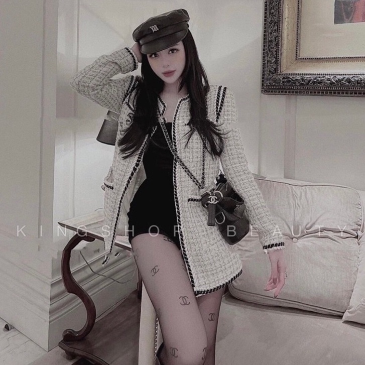 Áo dạ tweed trắng 2 lớp viền đen không nút tay dài