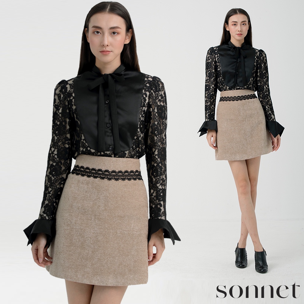 Áo sơ mi ren phối lụa Amore shirt phong cách châu Âu - Sonnet áo sơ mi công sở form regular thắt nơ tiểu thư