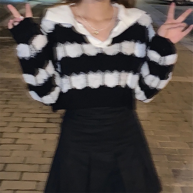 IELGY Áo Len Chui Đầu Họa Tiết Kẻ Sọc Màu Sắc Tương Phản Phong Cách Hàn Quốc Cho Nữ