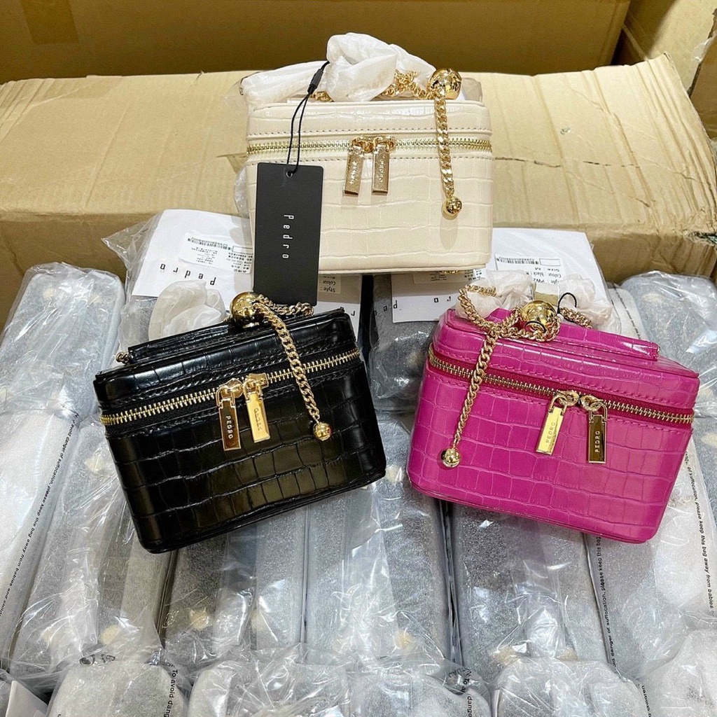 Túi pê rô nữ dáng cốp mini chất da vân rắn,xích có trái châu điều chỉnh (Size 15)