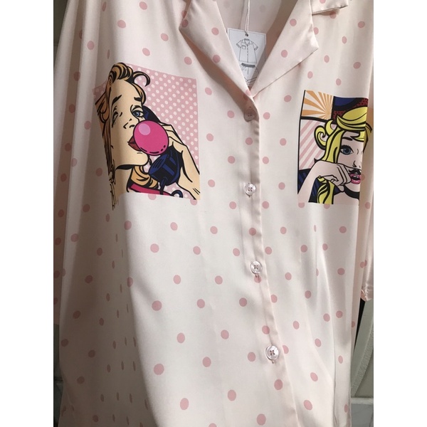 Bộ PAJAMA tay lỡ quần dài hình cô gái lụa satin cao cấp quảng châu