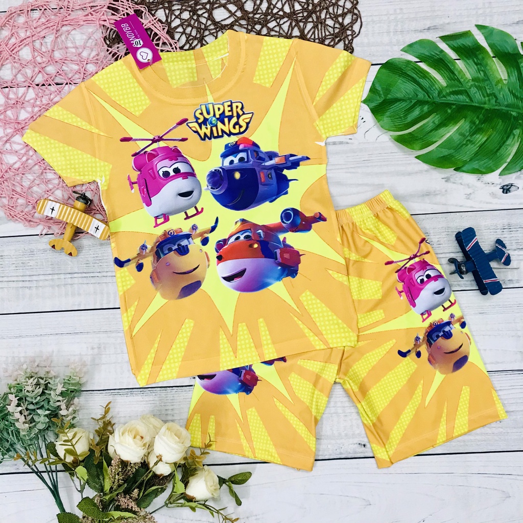 Đồ bộ bé trai thun lạnh mềm mịn, co giãn tốt 3D cộc tay in hình Đội Bay Siêu Đẳng cho bé trai size10 - 50kg