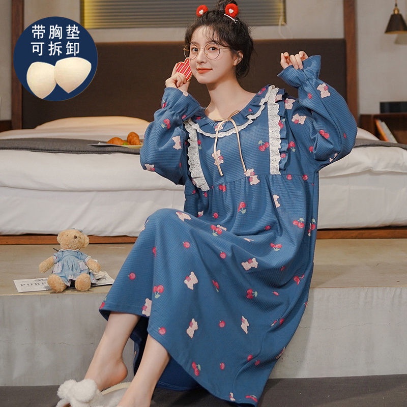 Đầm Ngủ Dài Qua Gối Tay Dài Có Mút Đệm Ngực Chất Liệu Cotton Thời Trang Xuân Thu Cho Mẹ Bầu
