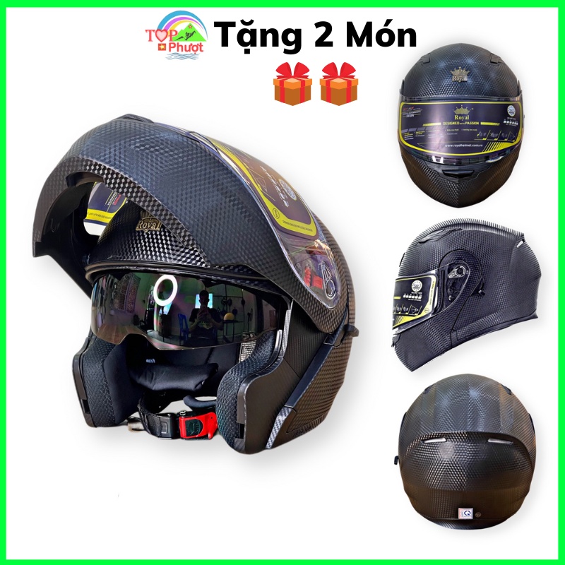 Mũ Bảo Hiểm Fullface Royal M179 Vân Carbon Nón Lật Cằm 2 Kính Tặng Khăn