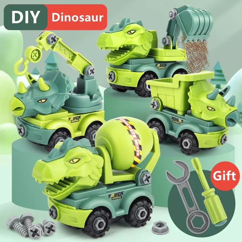 Bộ đồ chơi lắp ráp 4 xe khủng long công trình tháo lắp kèm tua vít cờ lê cho bé