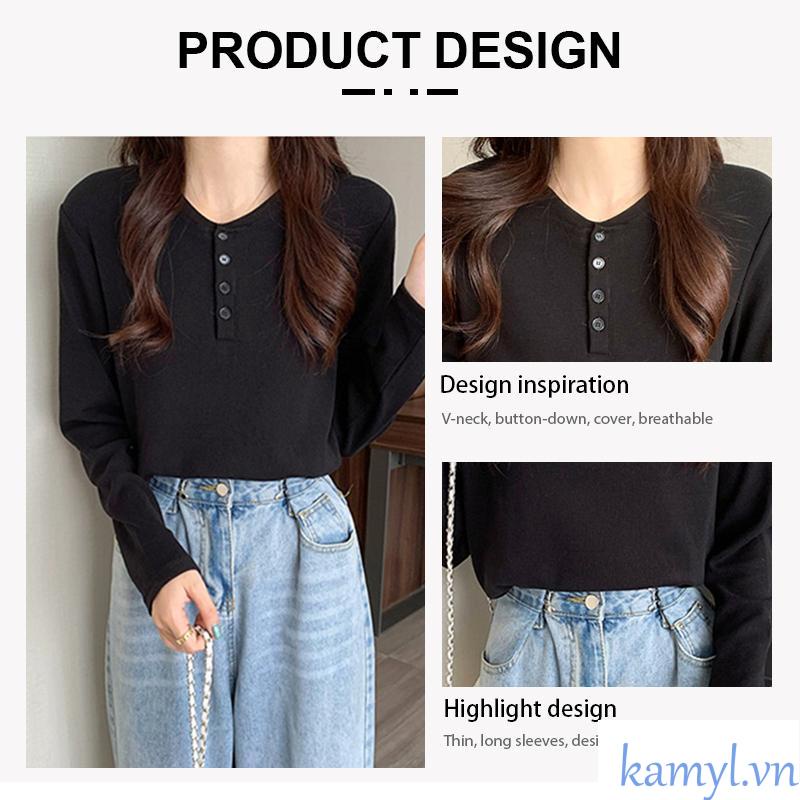 Áo Tay Dài Dày ấm Áp Nữ Có Nút Màu Trơn Co Dãn Phong Cách Hàn Quốc 2 Màu, Áo Dáng Ôm