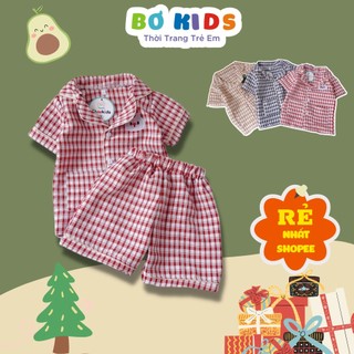 Bộ Pijama cho bé Thô Mềm Họa Tiết Kẻ Caro Thêu Hình Cute Cho Bé Gái, Trai Size Từ 8-20kg DOBO010