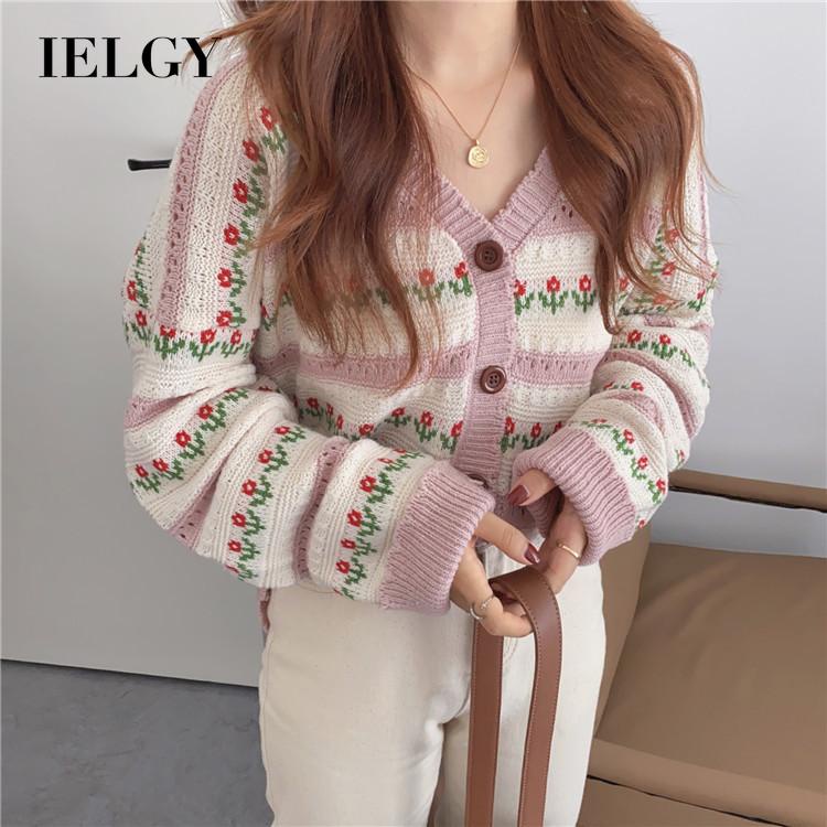 IELGYÁo Khoác cardigan Họa Tiết Hoa Phong Cách retro Hàn Quốc Dễ Phối Đồ Cho Nữ