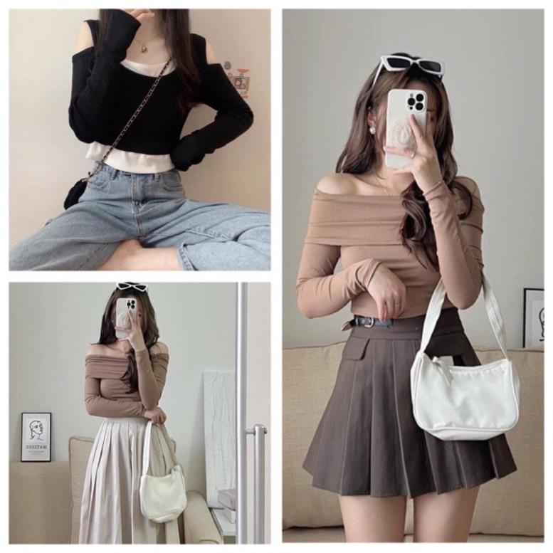 [Xả kho] Áo Croptop Tay Dài Trễ vai, Áo kiểu Nữ Co Giãn Ulzzang Phong Cách Hàn Quốc(Hàng Sẵn)