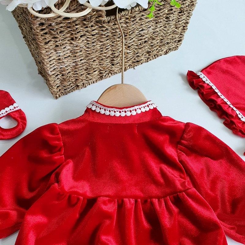 Body Nhung Đỏ Cổ Tàu NHÍM XÙ KIDS Cho Bé Gái Sơ Sinh, Đầy Tháng, Thôi Nôi Chất Nhung The Mềm Mịn B045