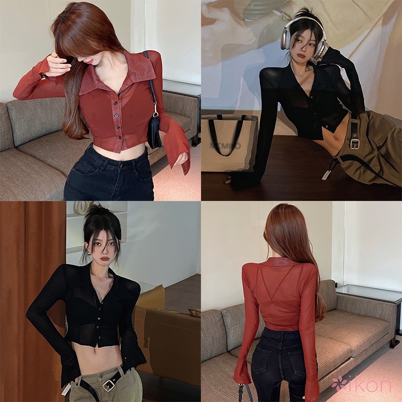 Áo Croptop Tay Dài Chống Nắng Phối Lưới Phong Cách Retro Quyến Rũ Cho Nữ