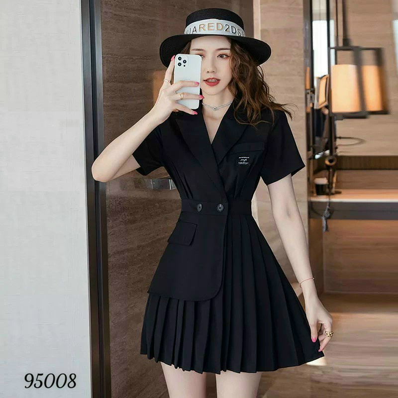 Váy công sở cổ vest màu đen dập ly dáng xòe tay lỡ sang trọng, váy dự tiệc sang trọng màu đen cổ vest tay lỡ Linhnastore
