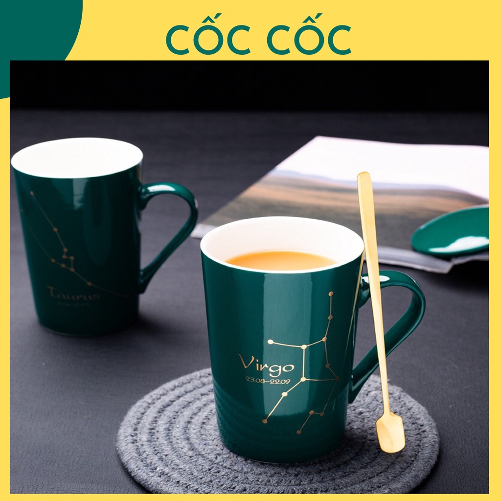 Cốc sứ 12 cung hoàng đạo màu xanh ngọc Cốc Cốc ly sứ450ml có nắp, tặng kèm thìa, uống nước pha cafe uống nước,quà tặng