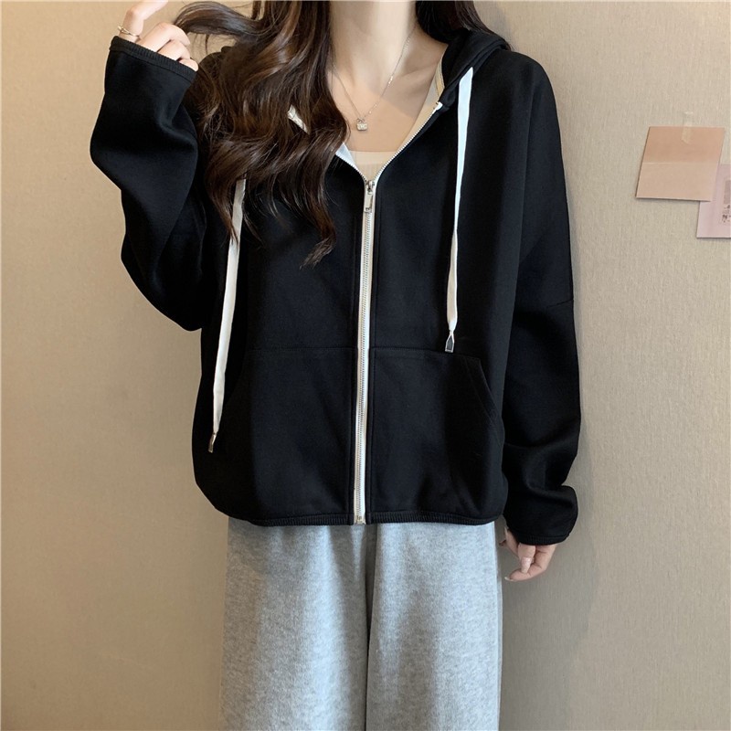Áo Khoác Hoodie Ngắn Dáng Rộng Có Khóa Kéo Màu Trơn Thời Trang Mùa Thu Hàn Quốc Mới