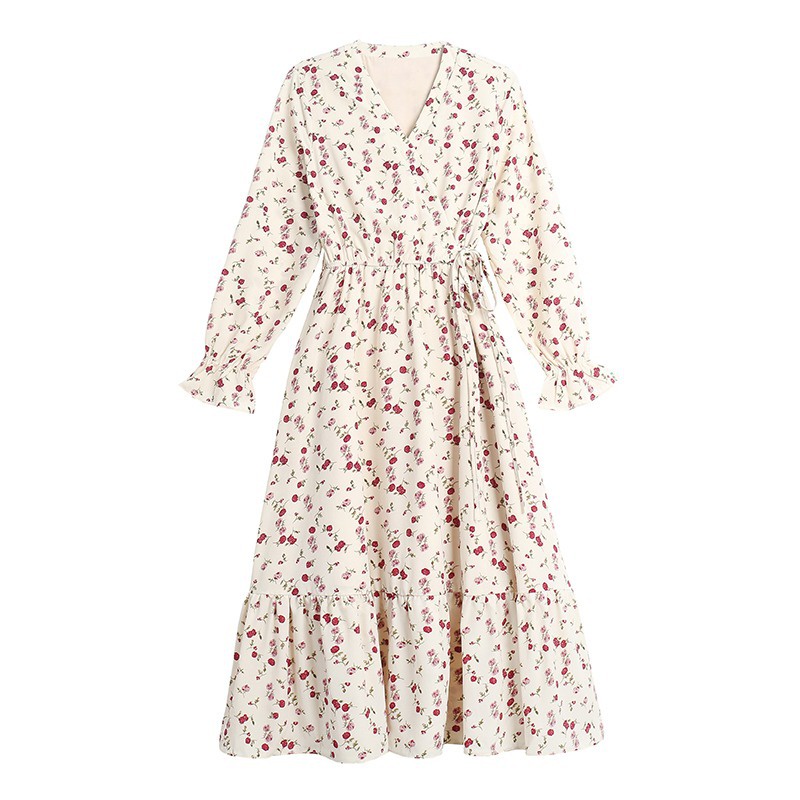 Đầm Voan Hoa Dài Tay Cổ Chữ V Thiết Kế Mới Thời Trang Mùa Thu Dành Cho Nữ