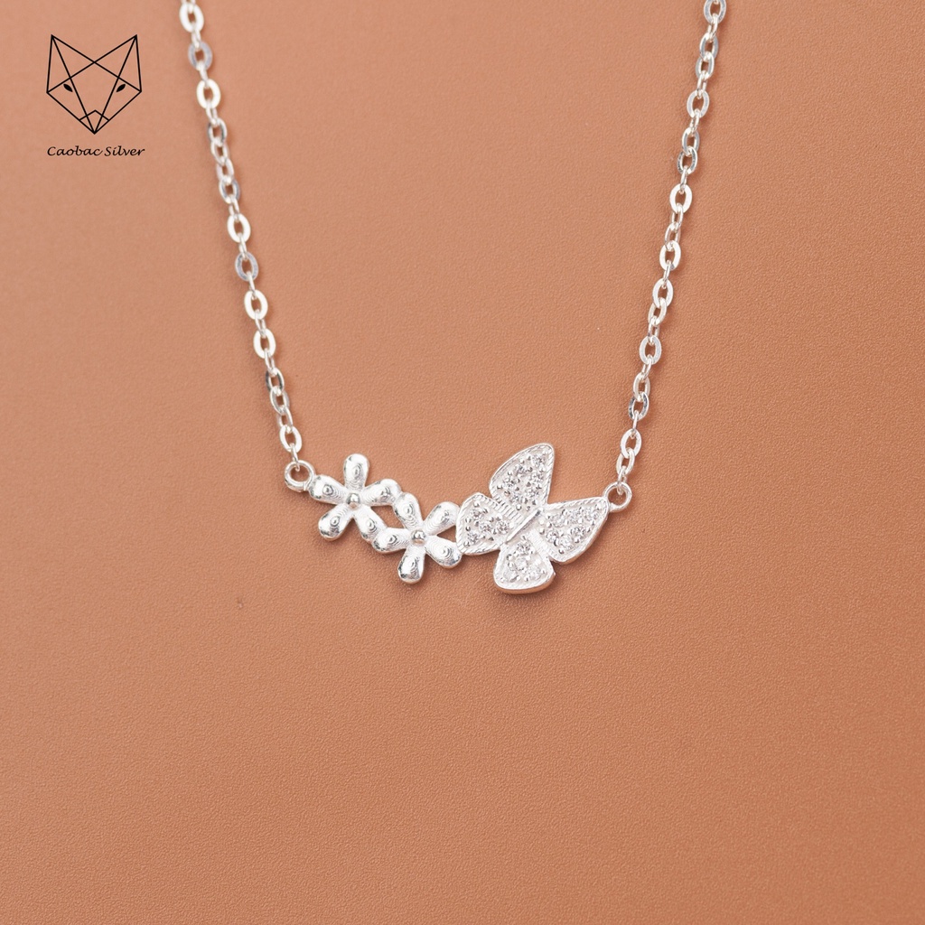 Dây Chuyền Bạc Ta Cao Cấp CaoBac Silver Hoạ Tiết Hai Hoa Cánh Buom Đơn Giản Mới Lạ, Dễ Thương Làm Quà Tặng Bạn Gái