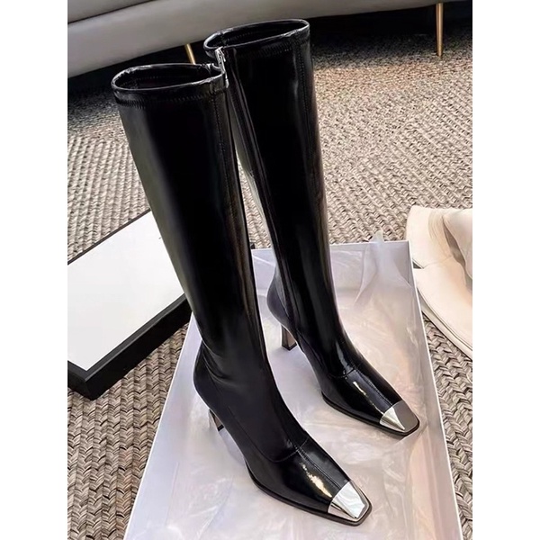 Boots da mũi phối kim loại gót cao 9cm
