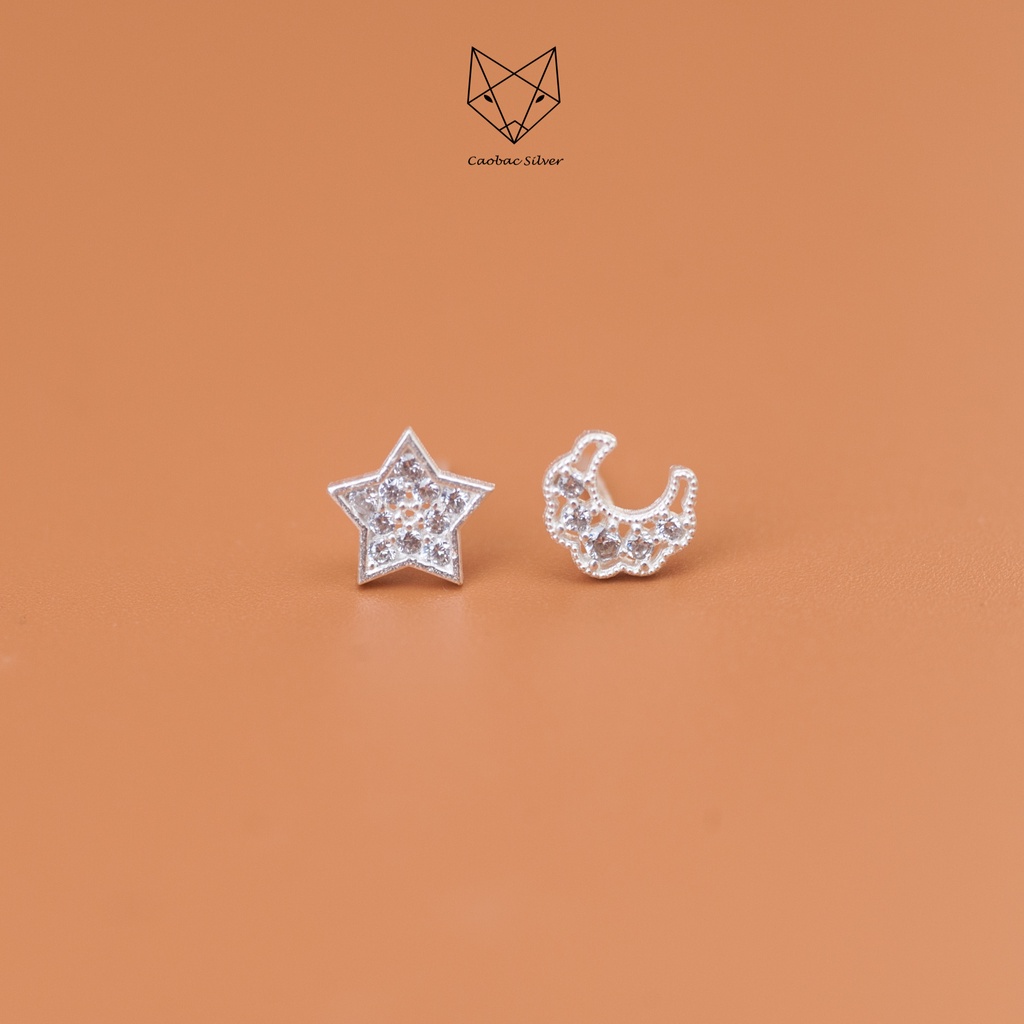 Khuyên Tai Bạc Ta CaoBac Jewellery Thiết Kế Hoạ Tiết Hình Trăng Sao Đính Đá Lấp Lánh, Tinh Tế Món Quà Cho Bạn Gái