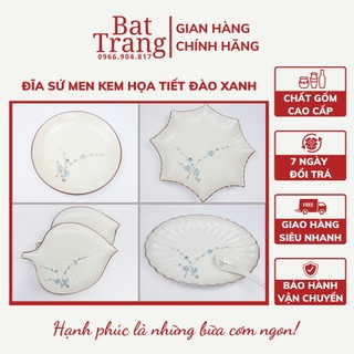Đĩa sứ men kem Bát Tràng họa tiết đào xanh, dĩa đựng đồ ăn phòng bếp sang trọng chất lượng cao - hàng co