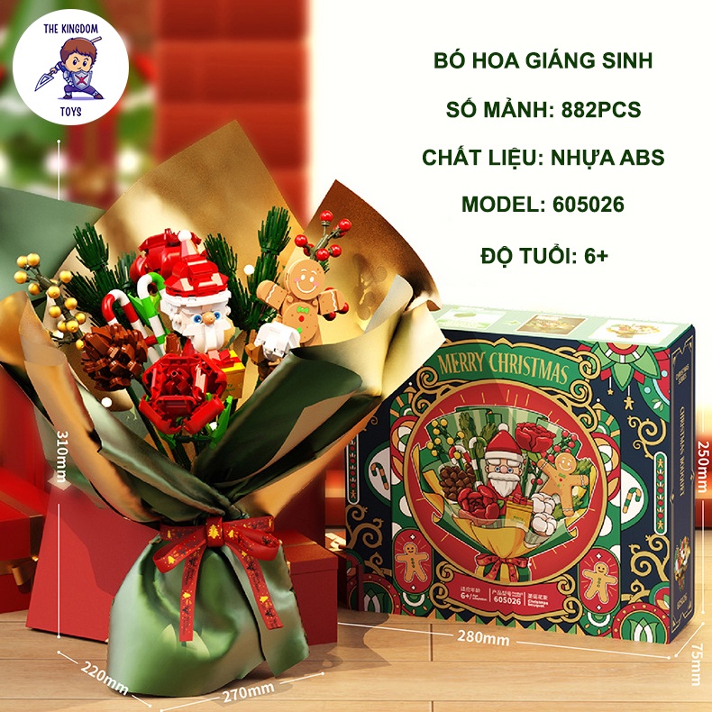 Đồ Chơi Lắp Ráp Giáng Sinh Noel Mô Hình Bó Hoa Giáng Sinh Phát Nhạc Có Ông Già Tuyết Hoa Hồng Cookie 605026