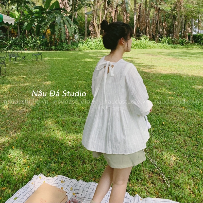 ÁO BABYDOLL BUỘC NƠ SAU LƯNG  - NÂU ĐÁ STUDIO.