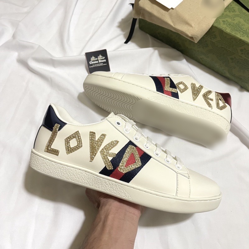 Giày thể thao nữ nam GC trắng chữ love đế thơm vani, giày GC ACE trắng gót 2 màu chữ lấp lánh kim tuyến cao cấp