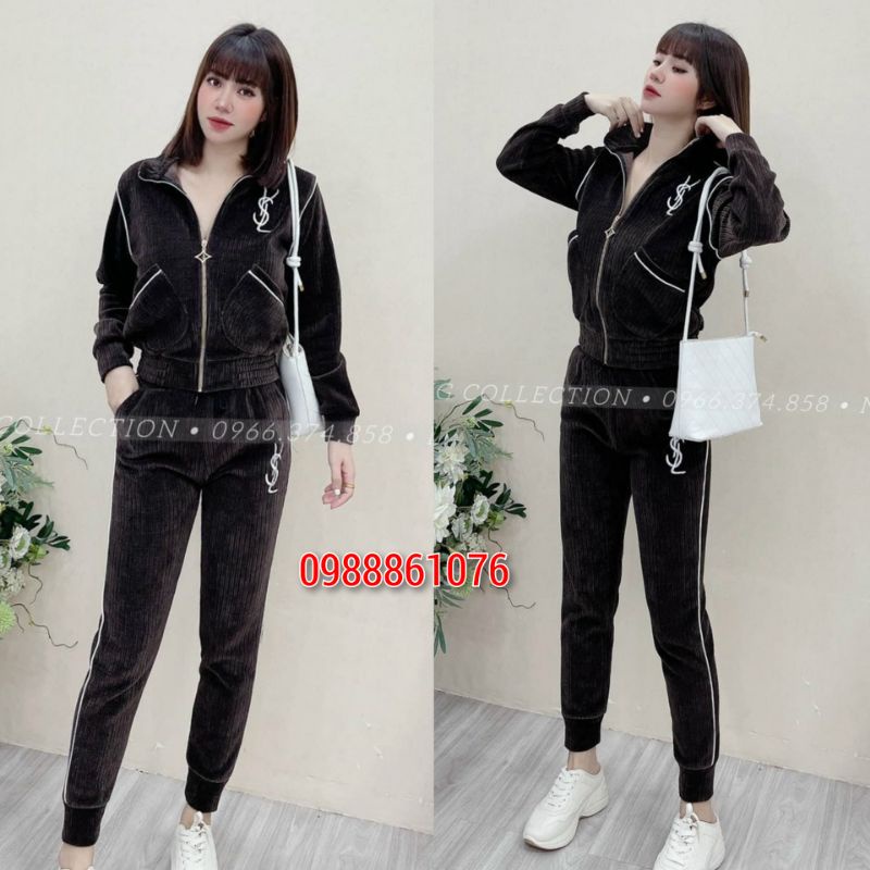 Bộ nhung nữ, bộ thu đông nữ,bộ thể thao nhung nữ xuất dư 2 màu nâu và đen thêu chữ bo gấu