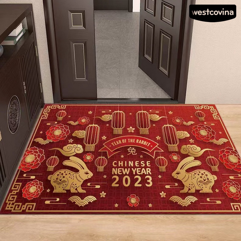 [Hot]☃Thảm Chùi Chân Chống Trượt Bằng Polyester Mềm Mại Họa Tiết Thỏ Phong Cách Trung Hoa