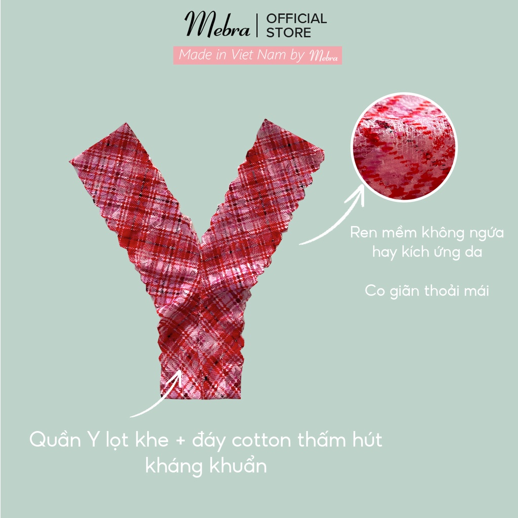 Set bra áo mút mỏng quần lót ren lọt khe chữ Y màu đỏ hồng xanh caro trẻ trung gợi cảm mút nhỏ không gọng cao cấp Mebra